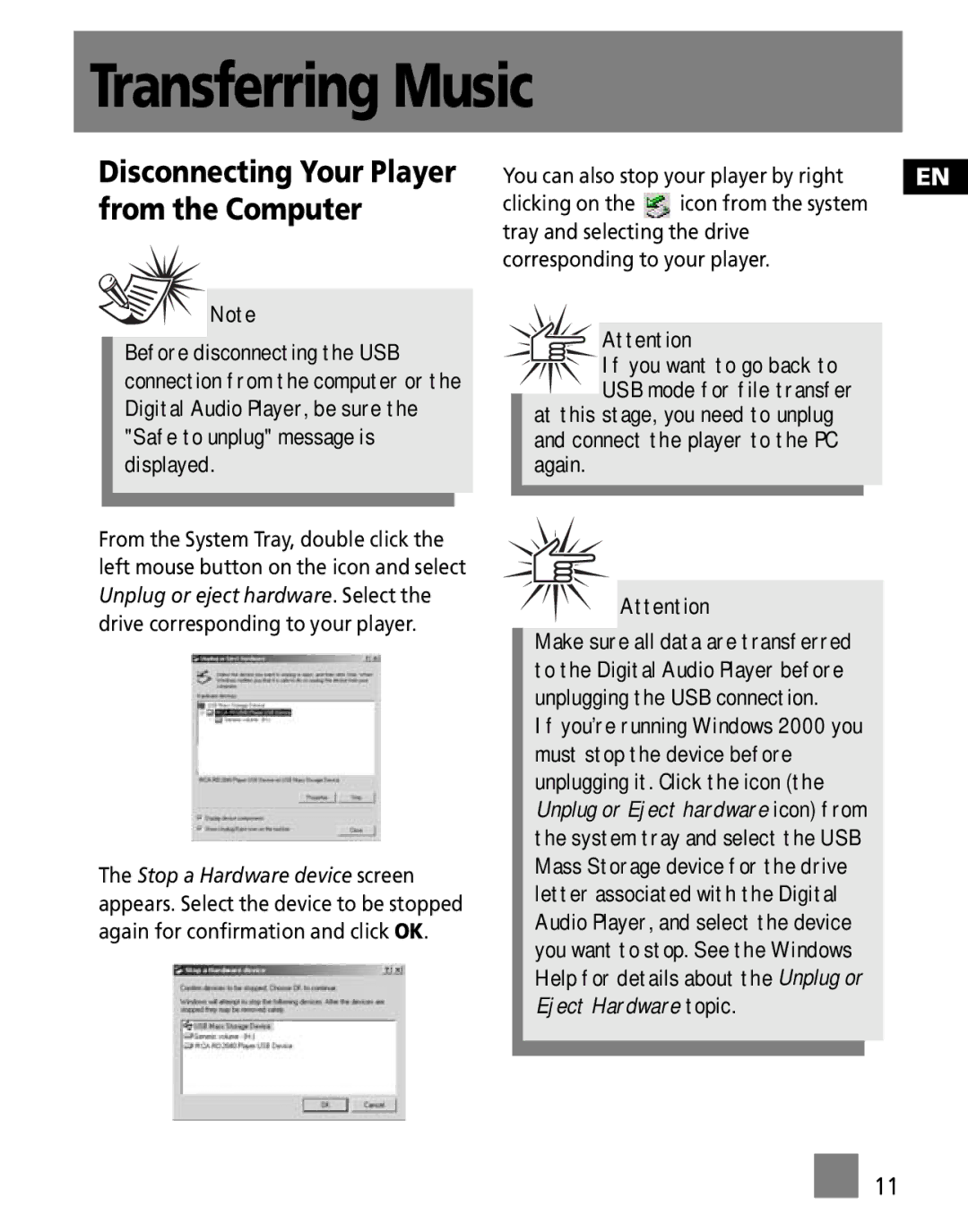 RCA M100256 user manual Disconnecting Your Player from the Computer, Unplug or Eject hardware icon from 