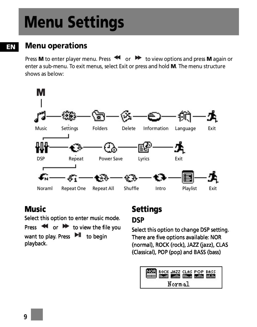 RCA M100256 user manual Menu Settings, EN Menu operations, Music 