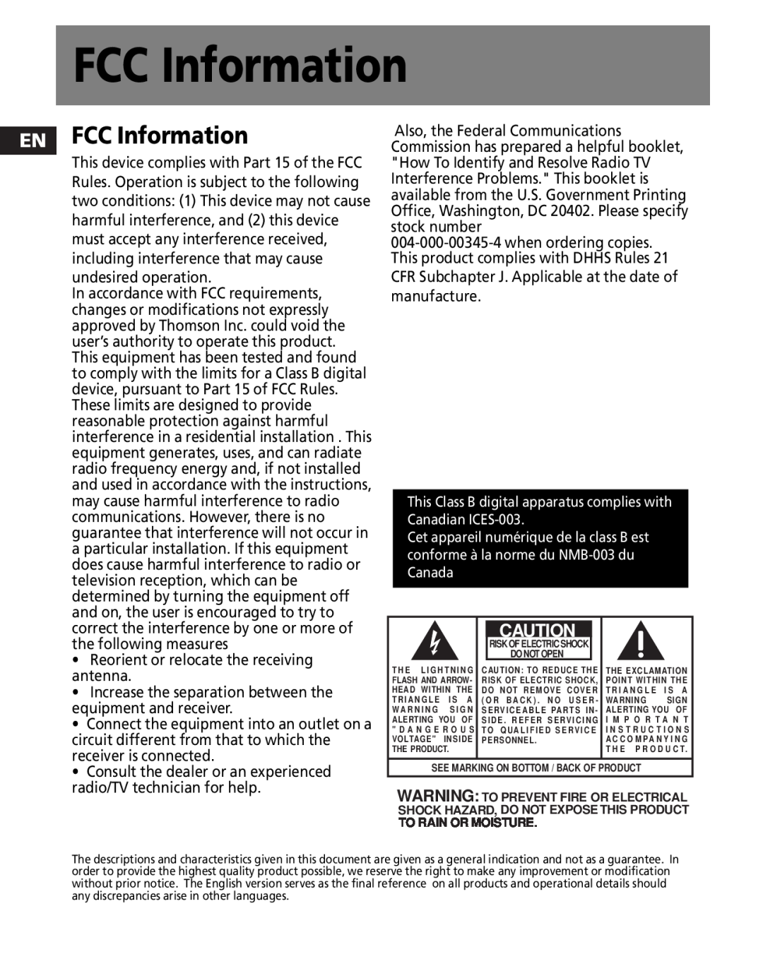 RCA M100256 user manual EN FCC Information, This Class B digital apparatus complies with Canadian ICES-003 