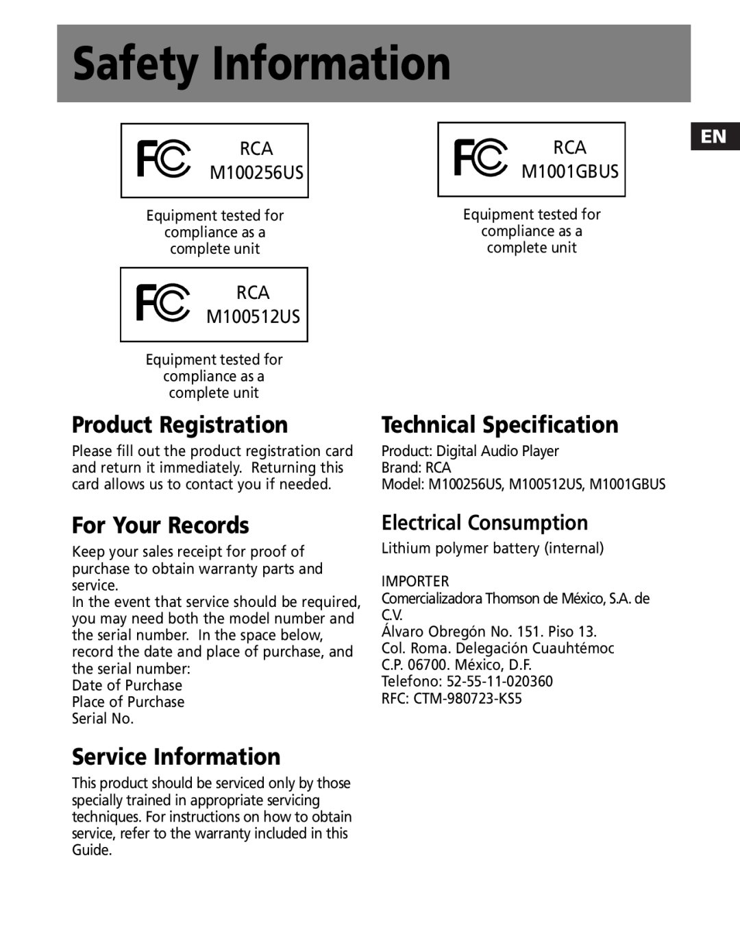 RCA M100256 Safety Information, Product Registration, Technical Specification, For Your Records, Service Information 