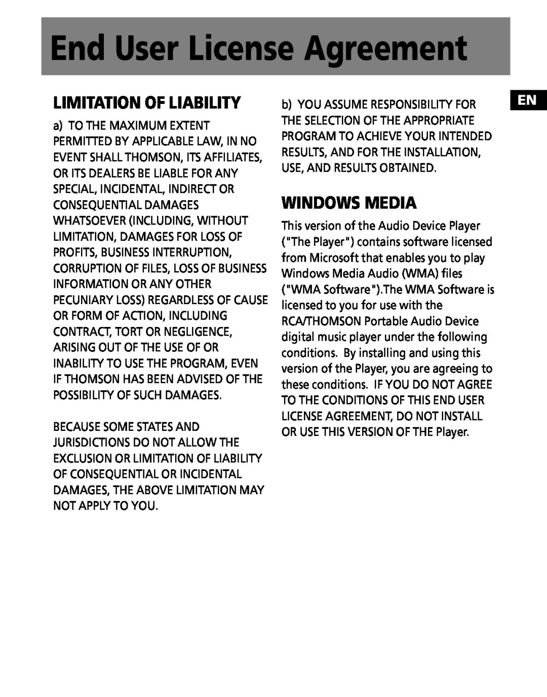 RCA M100256 user manual End User License Agreement, Limitation Of Liability, Windows Media 