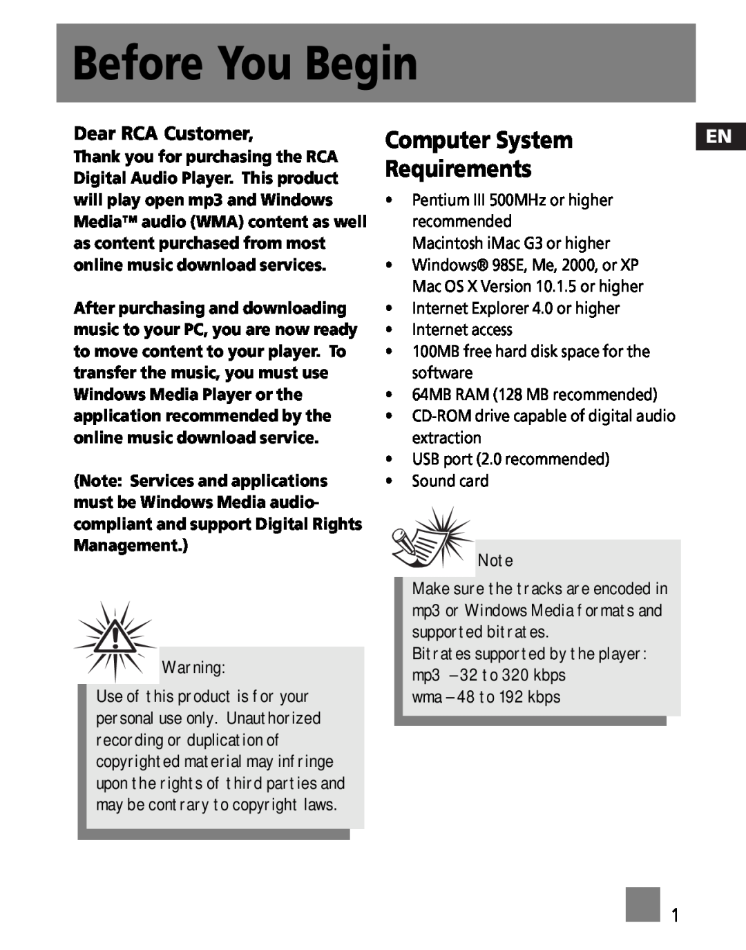 RCA M100256 Computer System, Requirements, Dear RCA Customer, Bitrates supported by the player mp3 - 32 to 320 kbps 