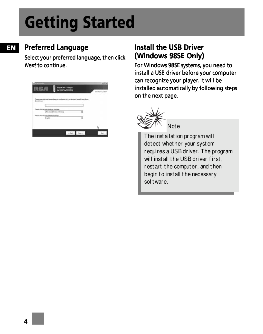 RCA M100256 user manual EN Preferred Language, Install the USB Driver Windows 98SE Only, Getting Started 