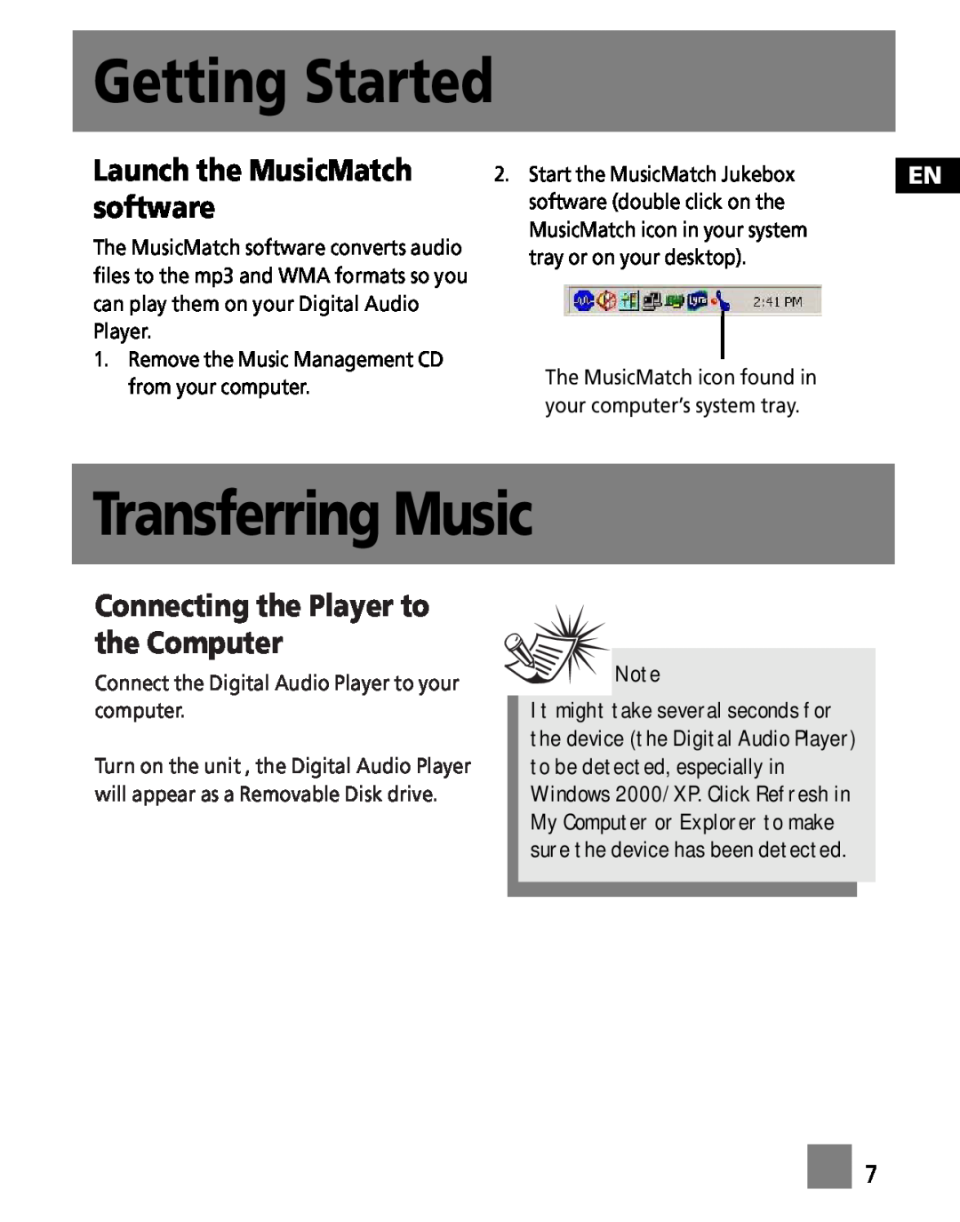 RCA M100256 Transferring Music, Launch the MusicMatch software, Getting Started, Connecting the Player to the Computer 