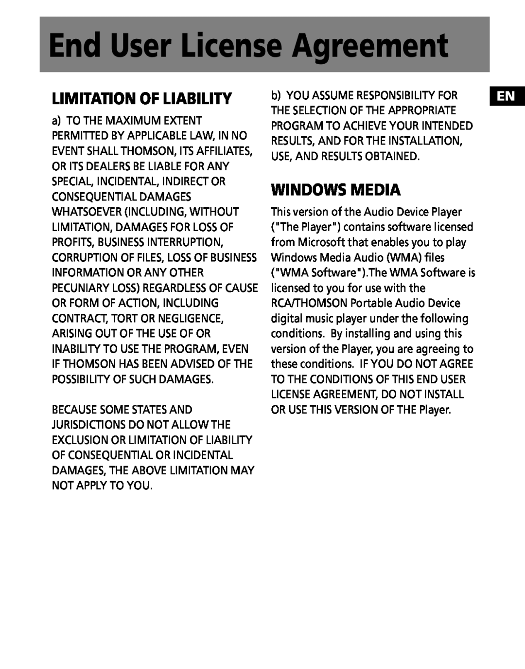 RCA M100256 user manual Limitation Of Liability, Windows Media, End User License Agreement, Use, And Results Obtained 