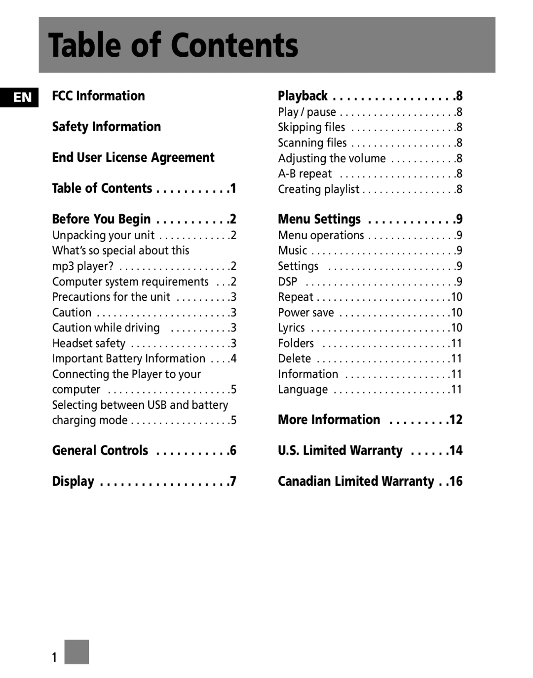 RCA M100256US, M1001GBUS user manual Table of Contents 