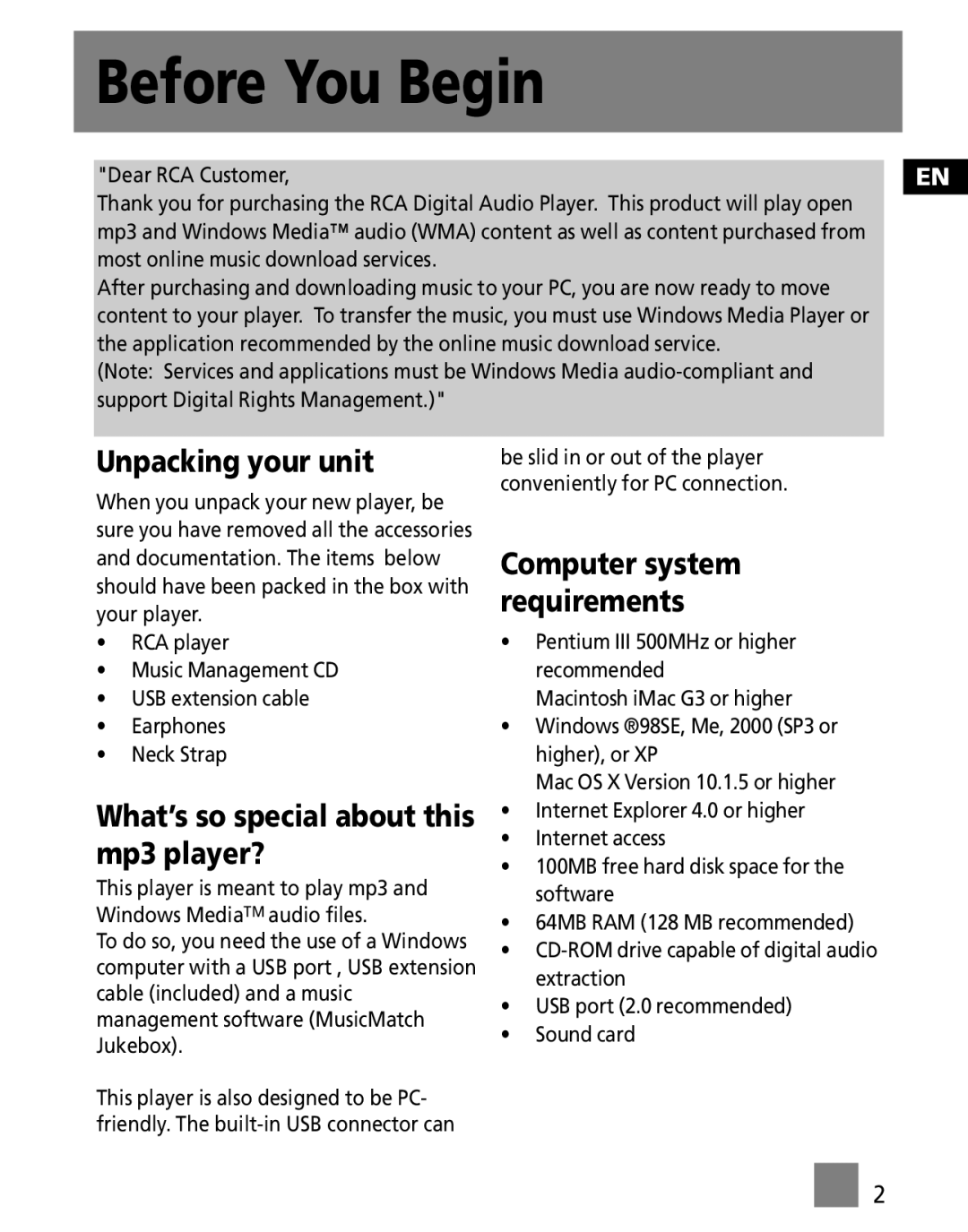 RCA M1001GBUS, M100256US user manual Before You Begin, Unpacking your unit, What’s so special about this mp3 player? 