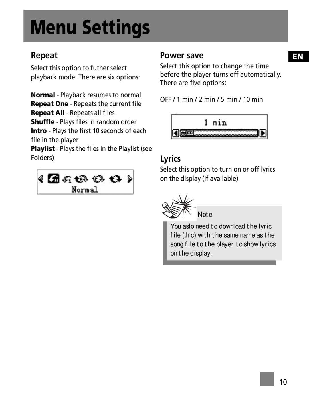 RCA M1001GBUS, M100256US user manual Repeat, Lyrics 