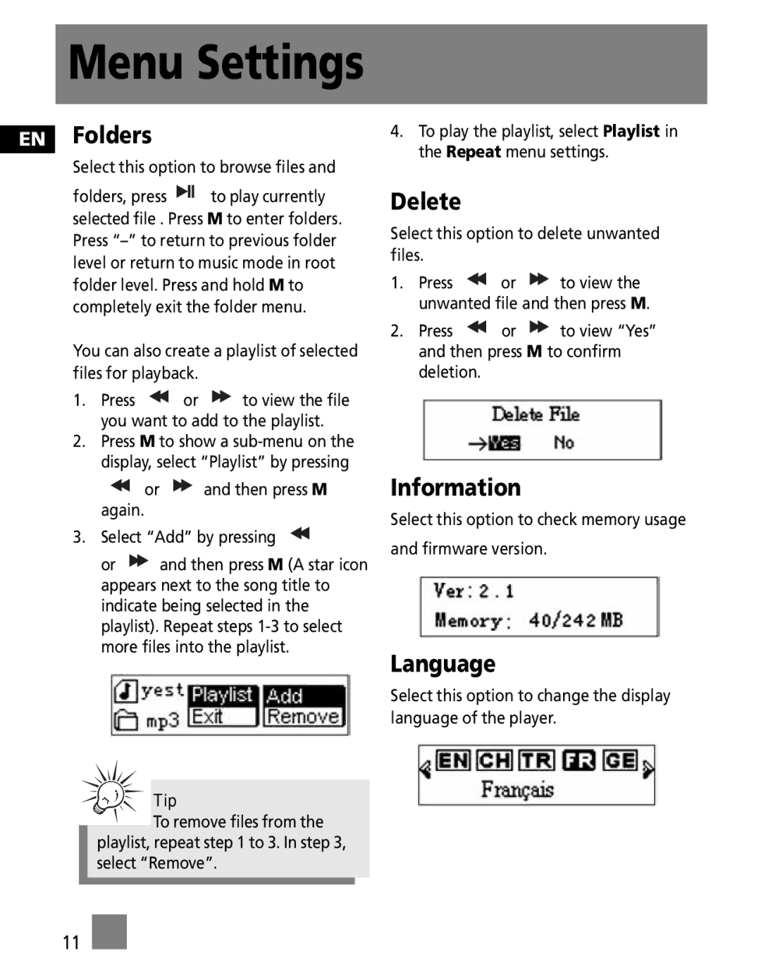 RCA M100256US, M1001GBUS user manual EN Folders, Delete, Language 