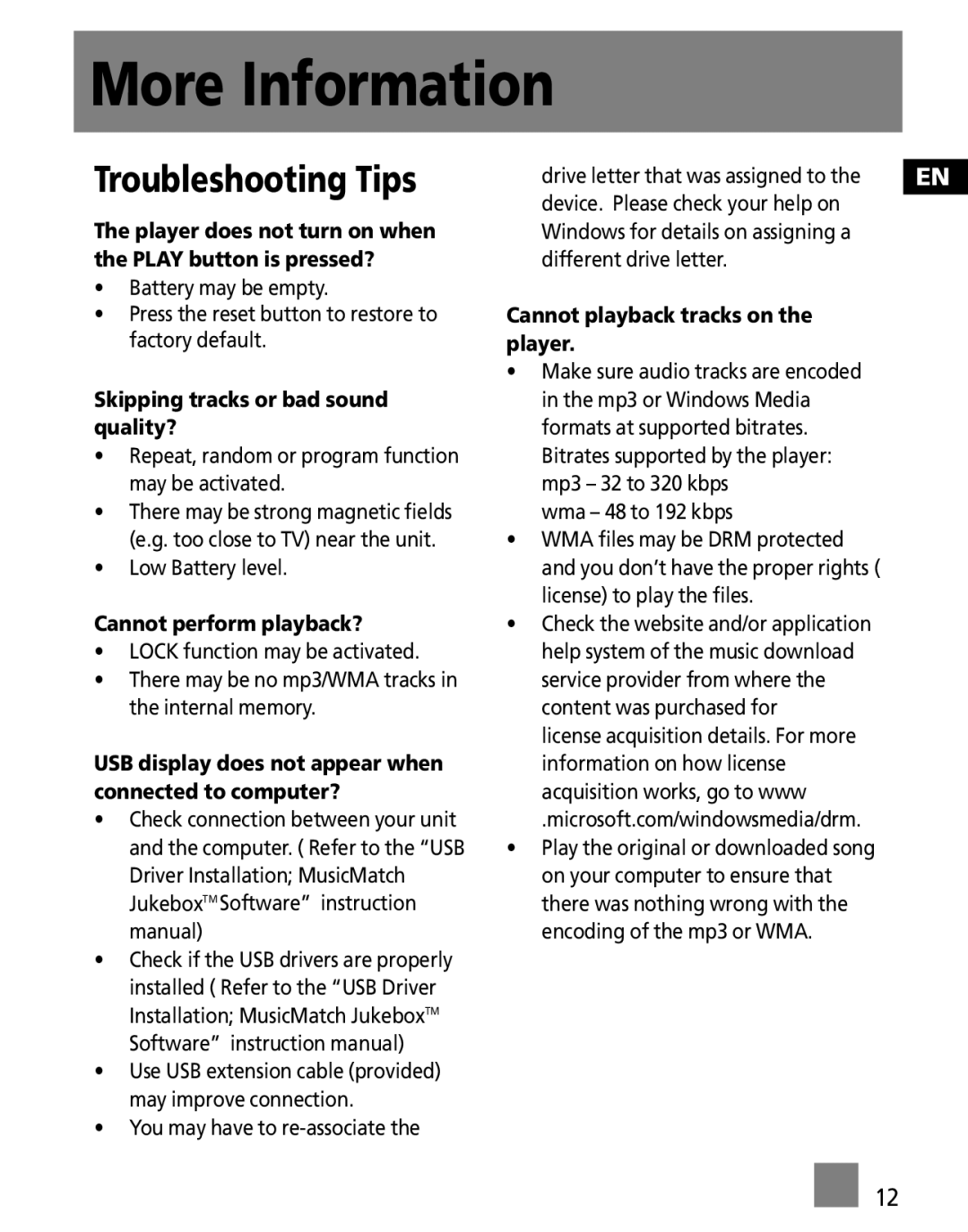 RCA M1001GBUS, M100256US user manual More Information, Troubleshooting Tips 