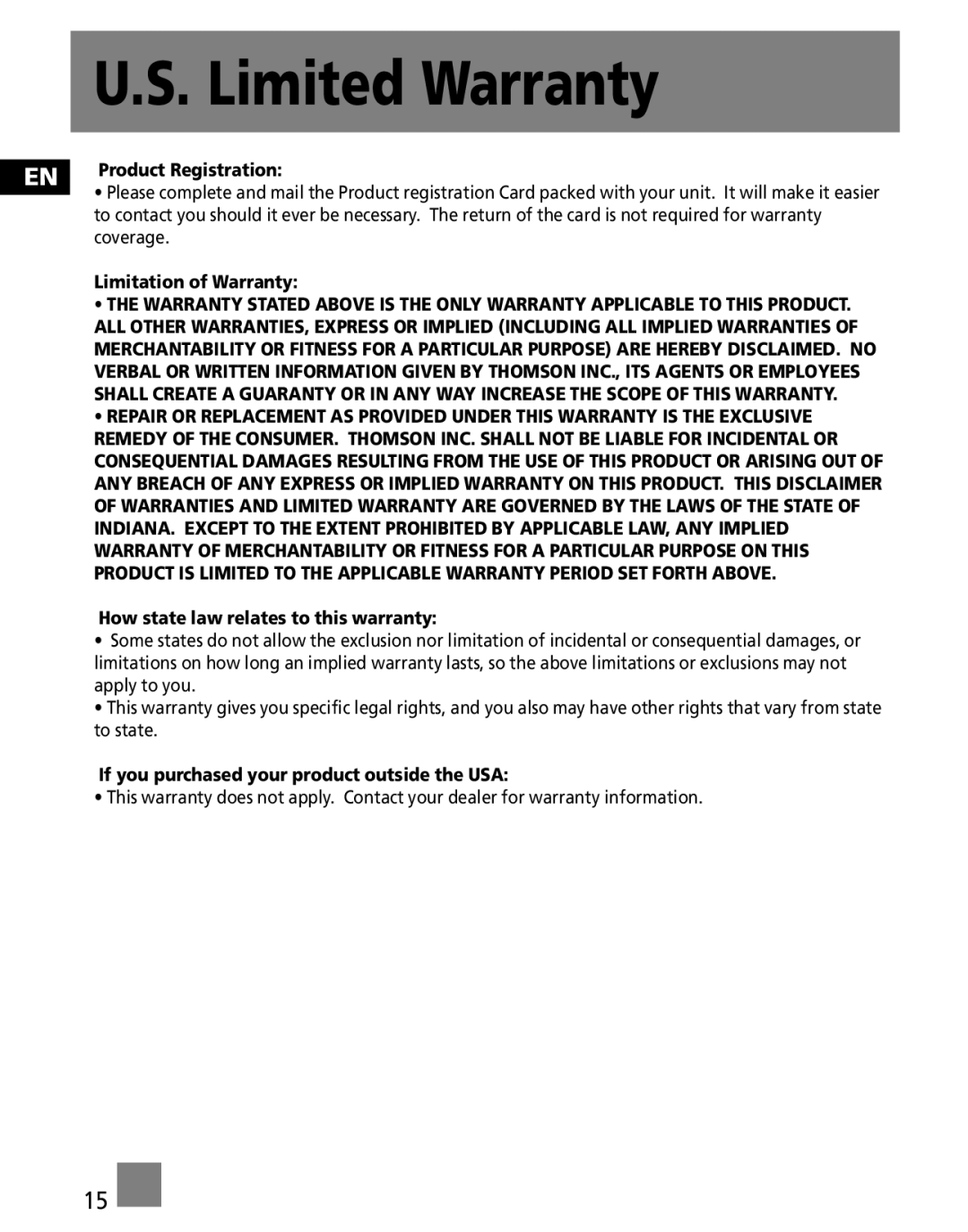 RCA M100256US, M1001GBUS user manual If you purchased your product outside the USA 