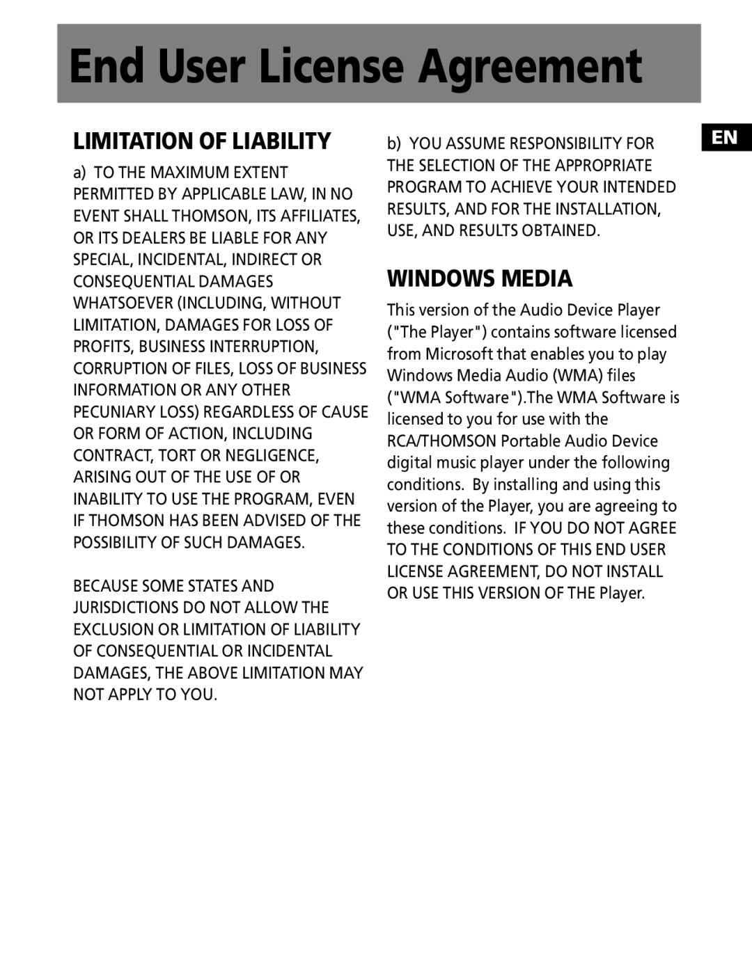 RCA M1001GBUS, M100256US user manual Limitation of Liability 