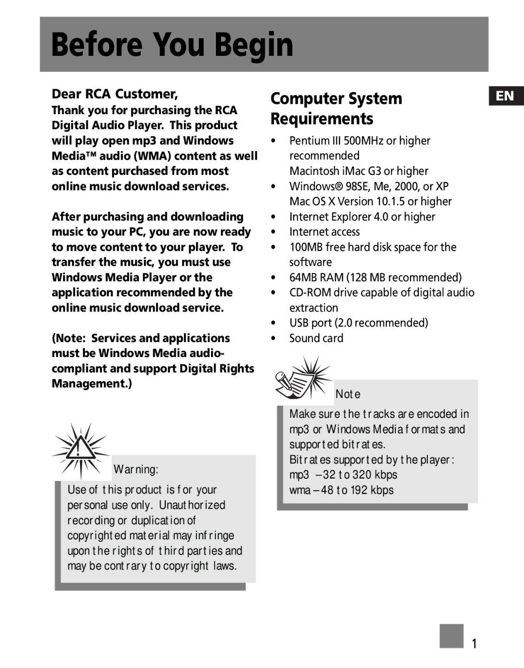 RCA M1001GBUS, M100256US user manual Dear RCA Customer 