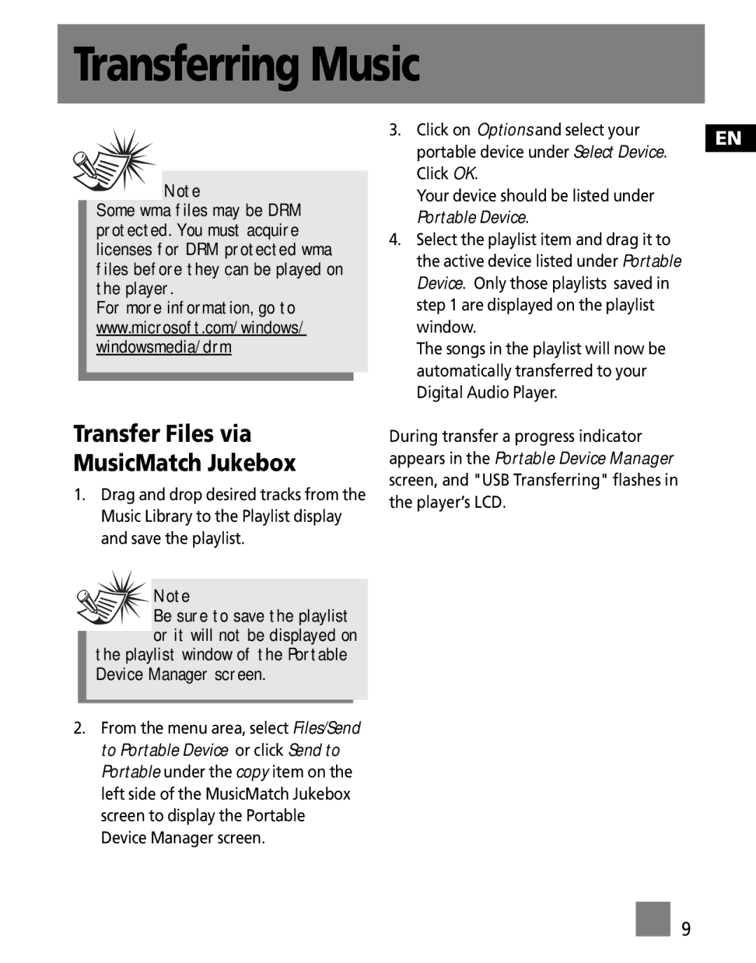 RCA M1001GBUS, M100256US user manual Transfer Files via MusicMatch Jukebox, Portable Device 