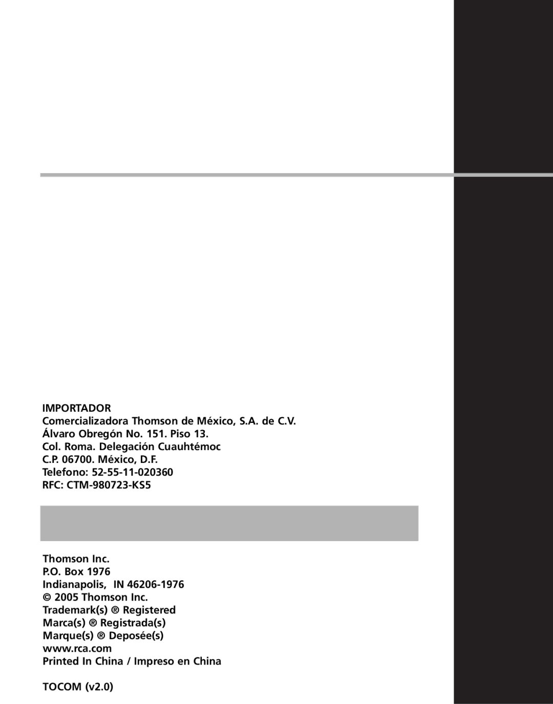 RCA M1001GBUS, M100256US user manual Importador 