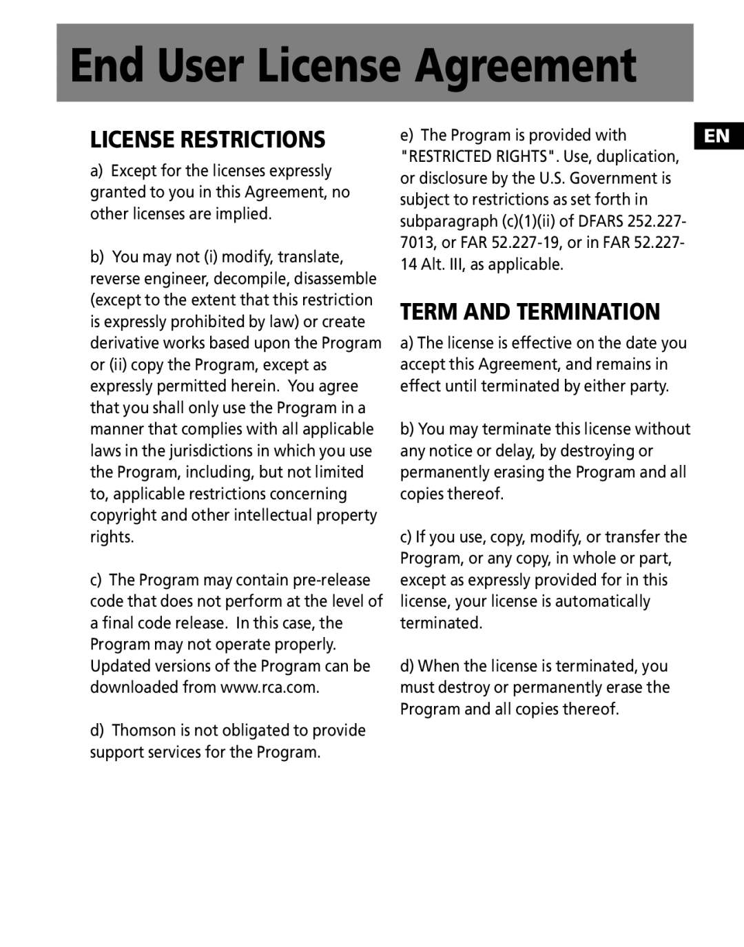 RCA M1001GBUS, M100256US user manual License Restrictions 