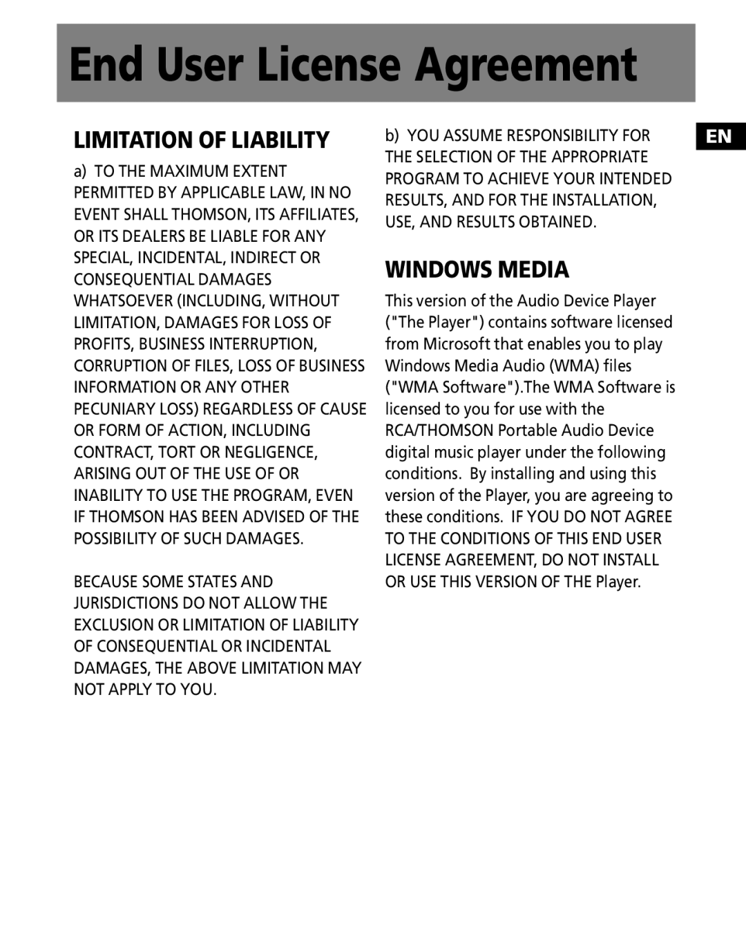 RCA M1001GBUS, M100256US user manual Limitation of Liability 