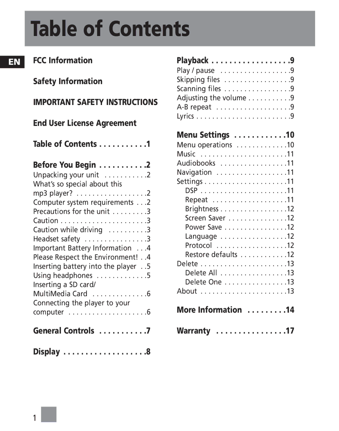 RCA MC2000, M2030, M2011, M2000, M2001, MC2011, MC2020, MC2010, MC2001, MC2021, M2021, M2020 user manual Table of Contents 