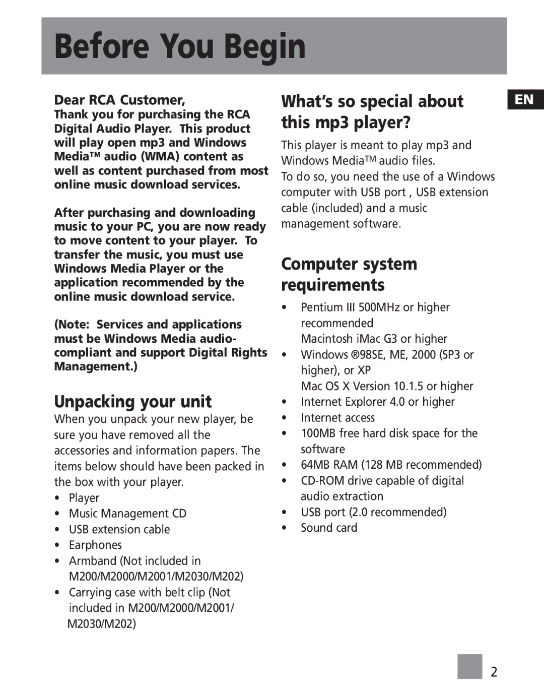 RCA MC201 Before You Begin, Unpacking your unit, What’s so special about This mp3 player?, Computer system requirements 