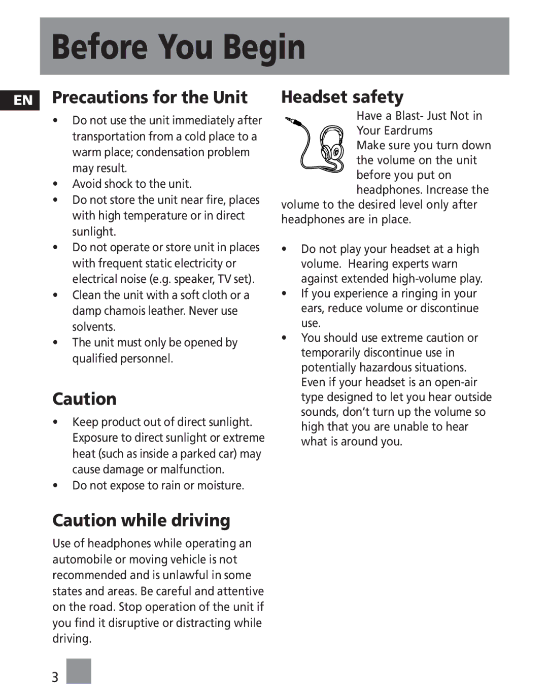 RCA MC2010, M2030, M202, M2011, M2000, M2001, MC2011, MC2020, MC2000, MC2001 EN Precautions for the Unit, Headset safety 