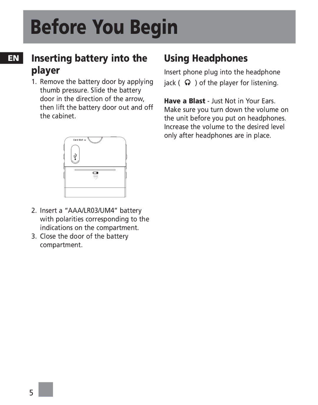 RCA MC2001, M2030, M202, M2011, M2000, M2001, MC2011, MC2020, MC2000 EN Inserting battery into the player, Using Headphones 