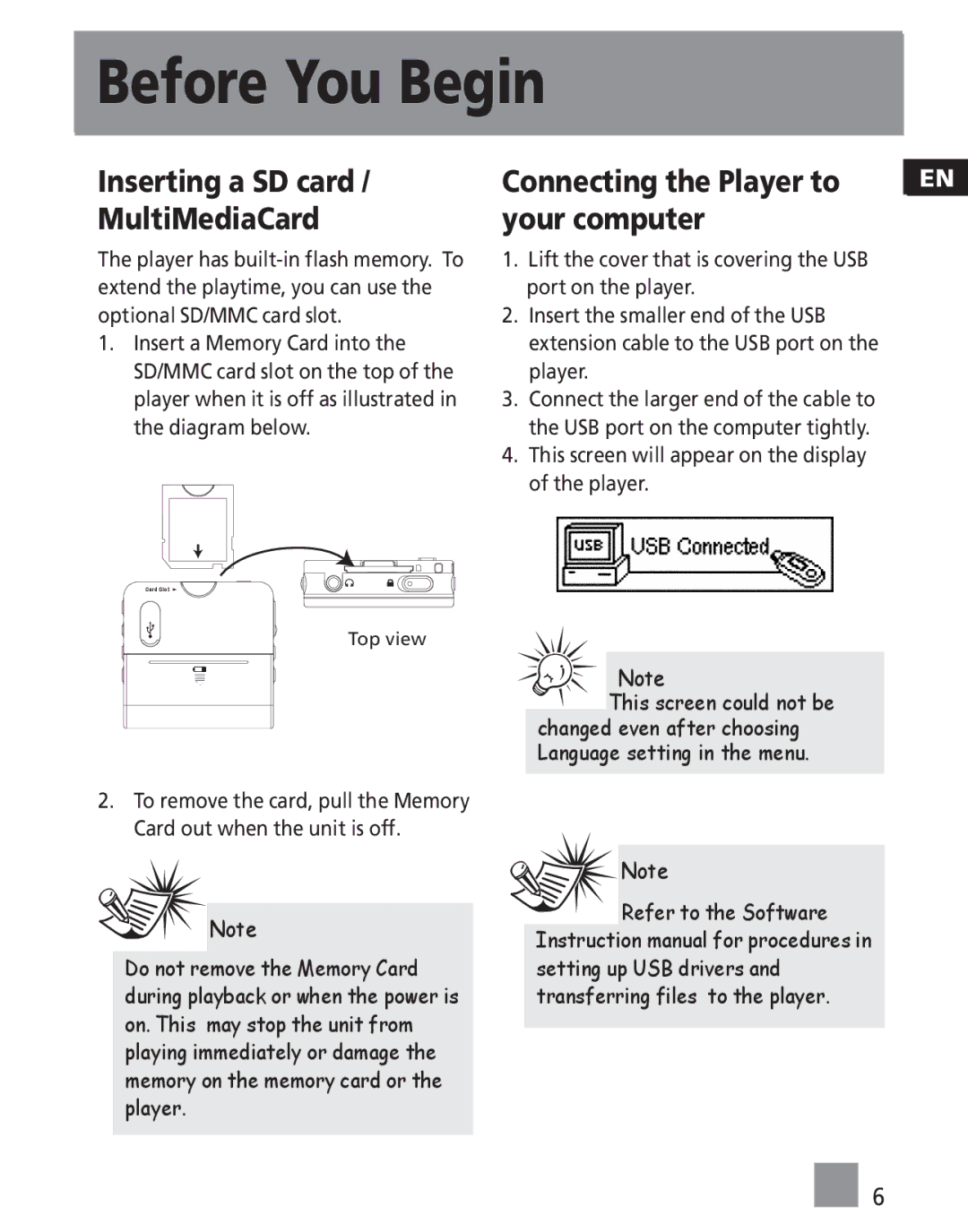 RCA MC2021, M2030, M202, M2011, M2000, M2001 Inserting a SD card MultiMediaCard, Connecting the Player to Your computer 