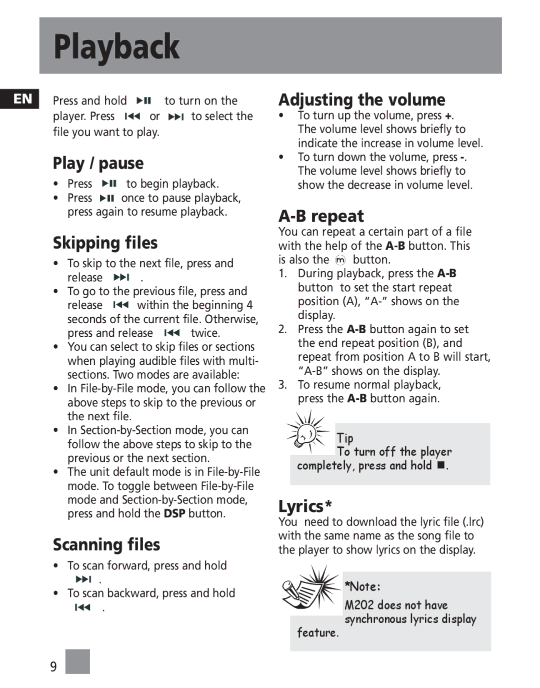 RCA M2030, M2011, M2000, M2001, MC2011, MC2020, MC2000, MC2010, MC2001, MC2021, M2021, M2020 user manual Playback 