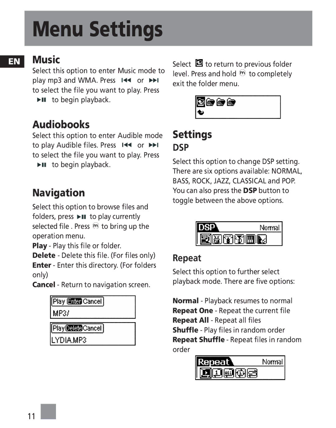 RCA M2011, M2030, M202, M2000, M2001, MC2011, MC2020, MC2000, MC2010, MC2001 EN Music, Audiobooks, Navigation, Settings 