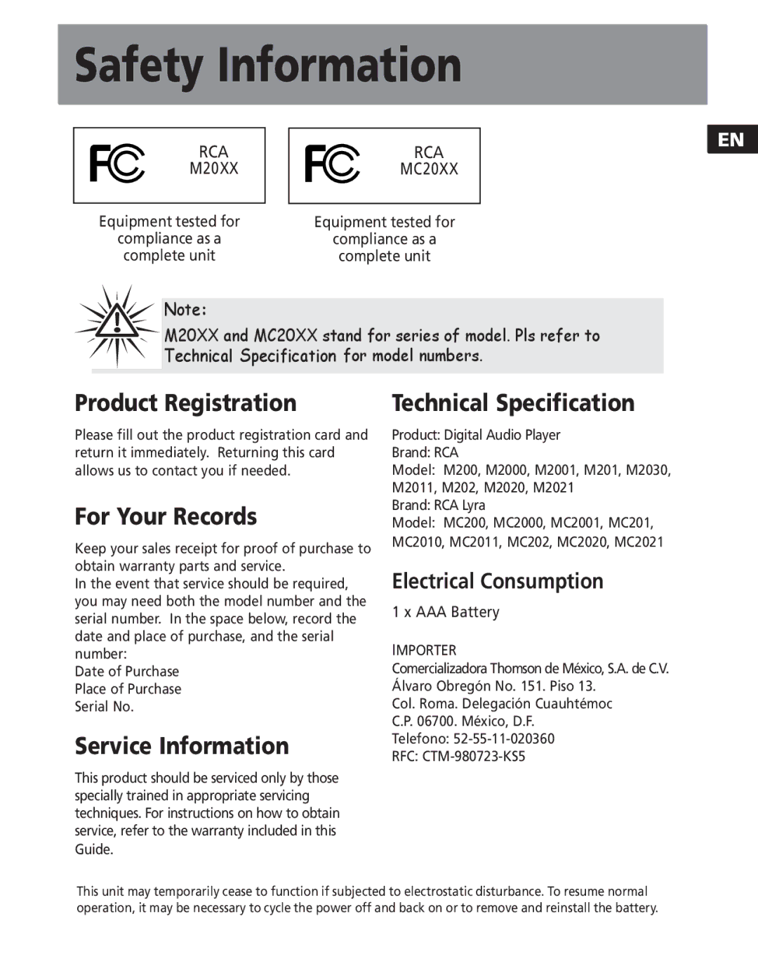 RCA M200, M2030 Safety Information, Product Registration, For Your Records, Service Information, Technical Specification 