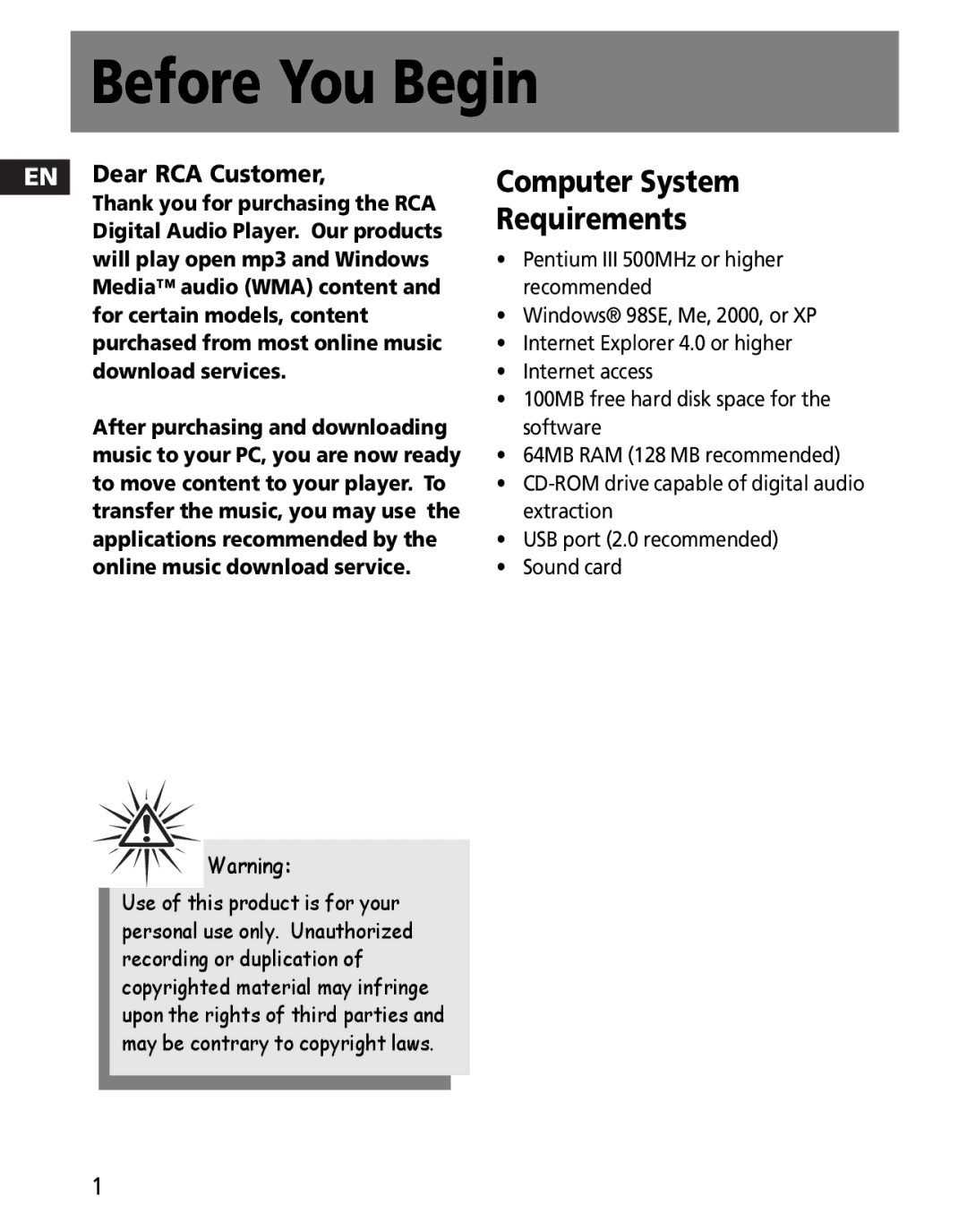 RCA M2020, M2030, M2011, M2000, M2001, MC2011, MC2020, MC2000, MC2010, M2021 Before You Begin, Computer System, Requirements 