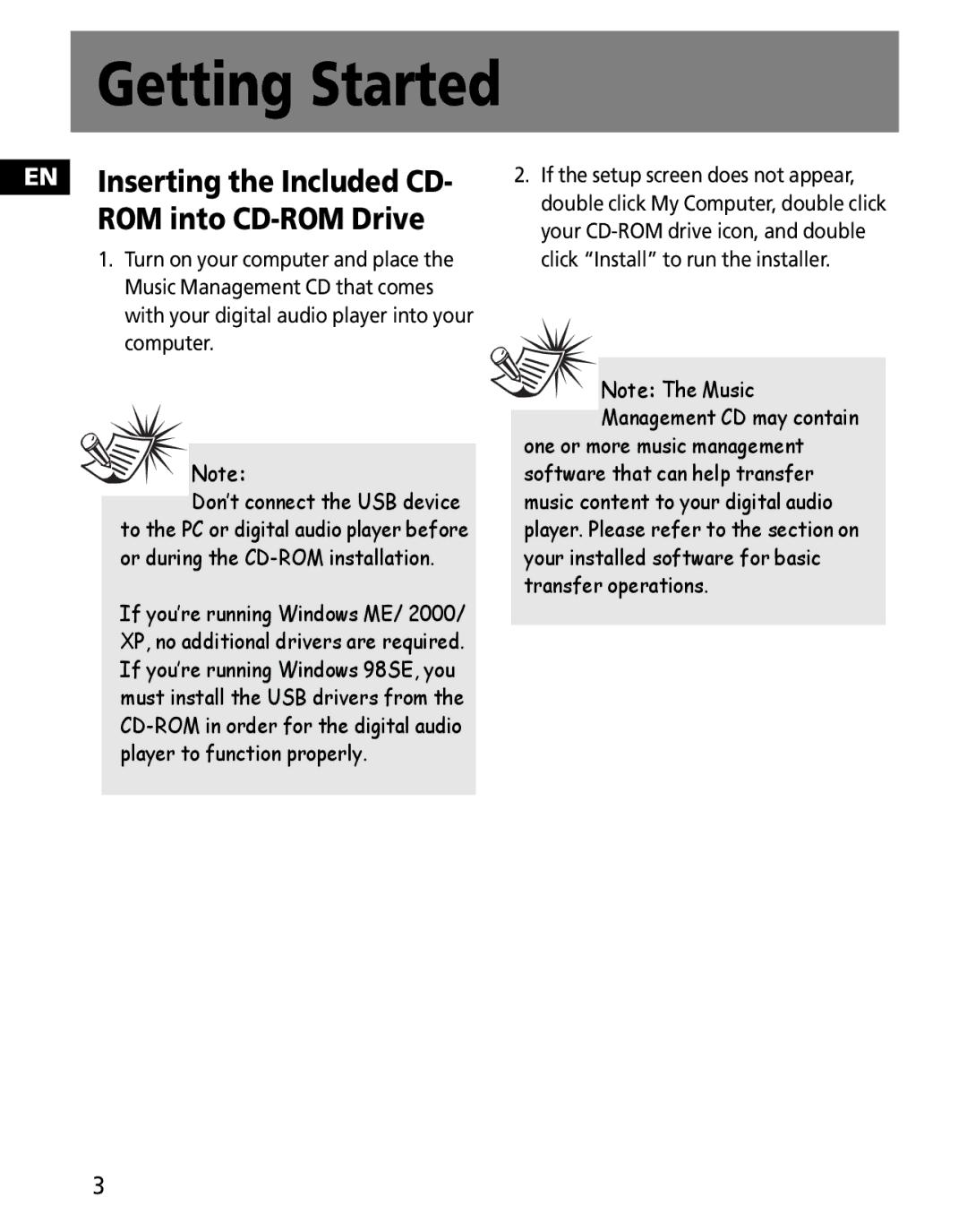 RCA M202, M2030, M2011, M2000, M2001, MC200, MC2011 Getting Started, EN Inserting the Included CD- ROM into CD-ROM Drive 