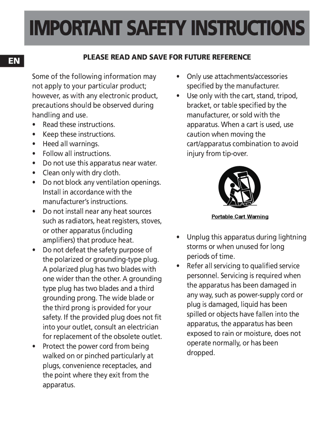 RCA M2000, M2030, M2011, M2001, MC2011, MC2020, MC2000, MC2010, MC2001, MC2021, M2021, M2020 Important Safety Instructions 