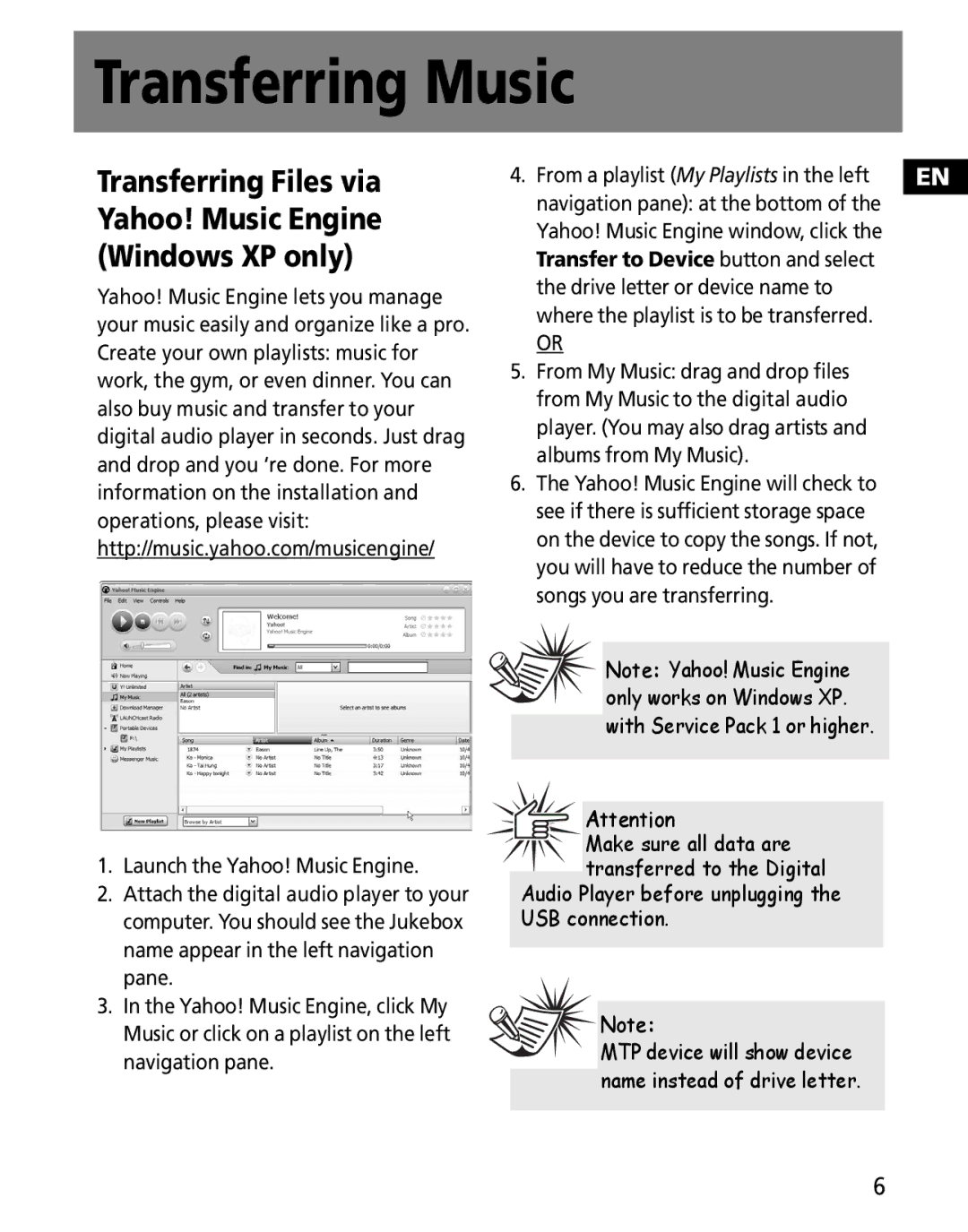 RCA M2000, M2030, M2011, M2001, MC2011, MC2020, MC2000, M2021 Transferring Files via Yahoo! Music Engine Windows XP only 