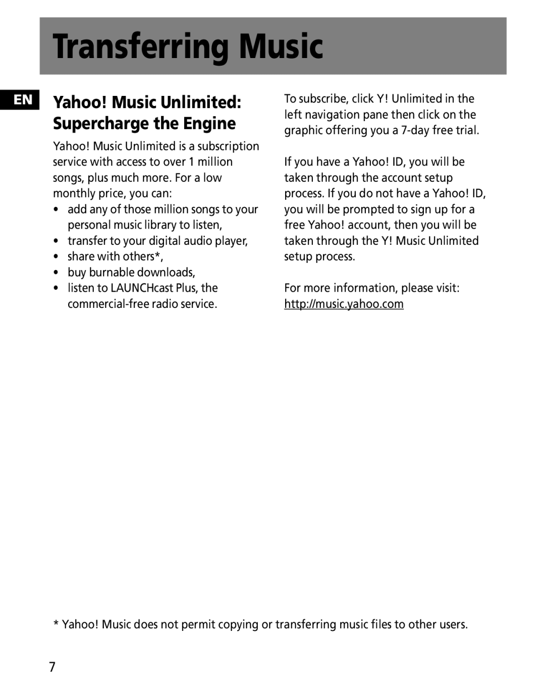 RCA M2001, M2030, M202, M2011, M2000, MC2011, MC2020, MC2000, MC2010, MC2001 EN Yahoo! Music Unlimited Supercharge the Engine 