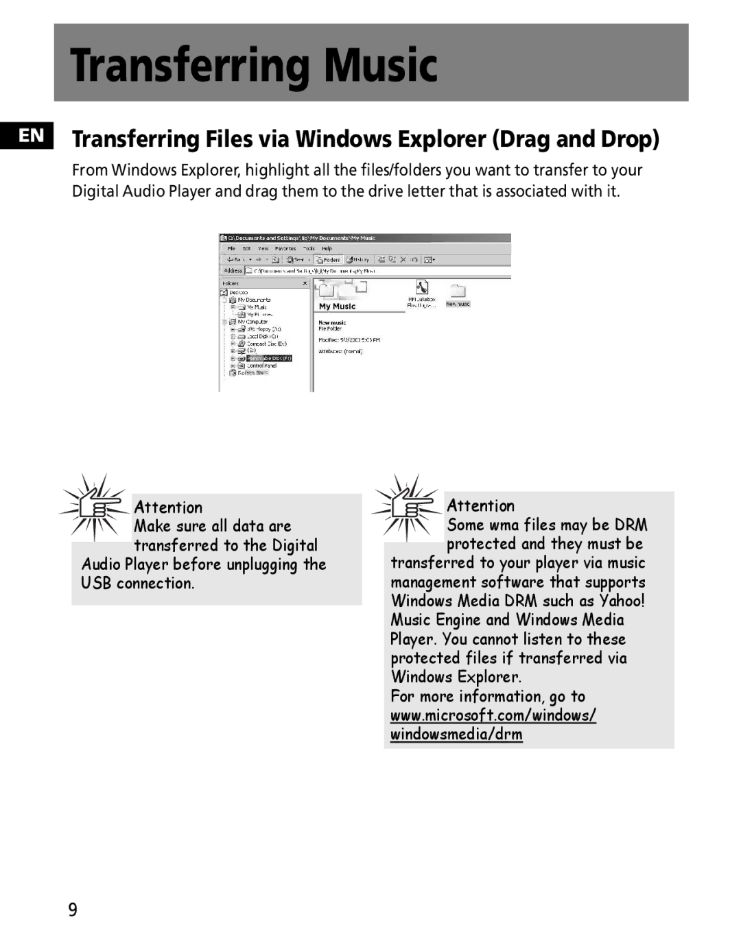 RCA M2030, M2011, M2000, M2001, MC200, MC2011, MC2020, M2021 EN Transferring Files via Windows Explorer Drag and Drop 