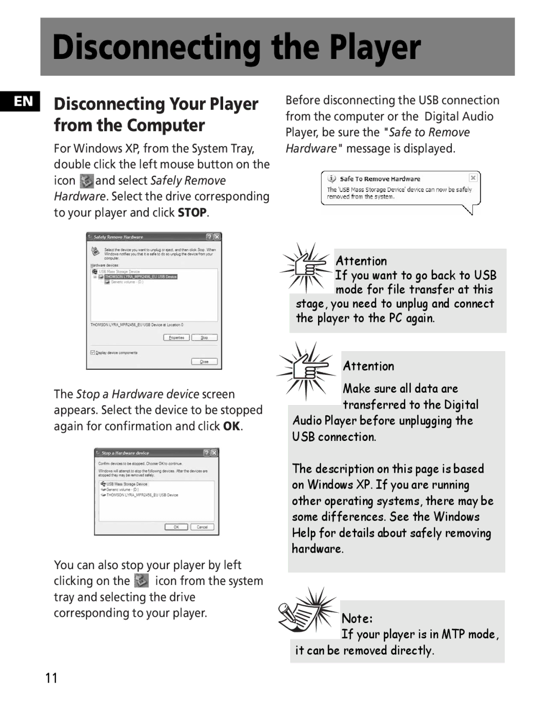 RCA MC2020, M2030, M202, M2011, M2000, M2001, MC200 Disconnecting the Player, EN Disconnecting Your Player from the Computer 