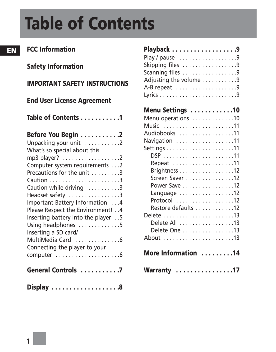 RCA MC2000 Table of Contents, EN FCC Information Safety Information IMPORTANT SAFETY INSTRUCTIONS, Playback, Menu Settings 