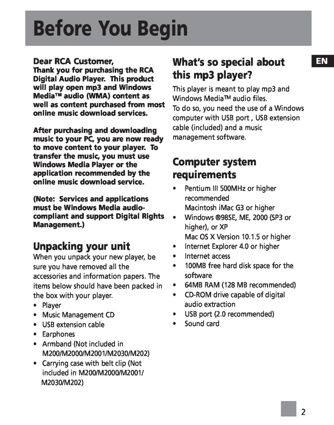RCA MC201 Before You Begin, Unpacking your unit, What’s so special about, this mp3 player?, Computer system requirements 