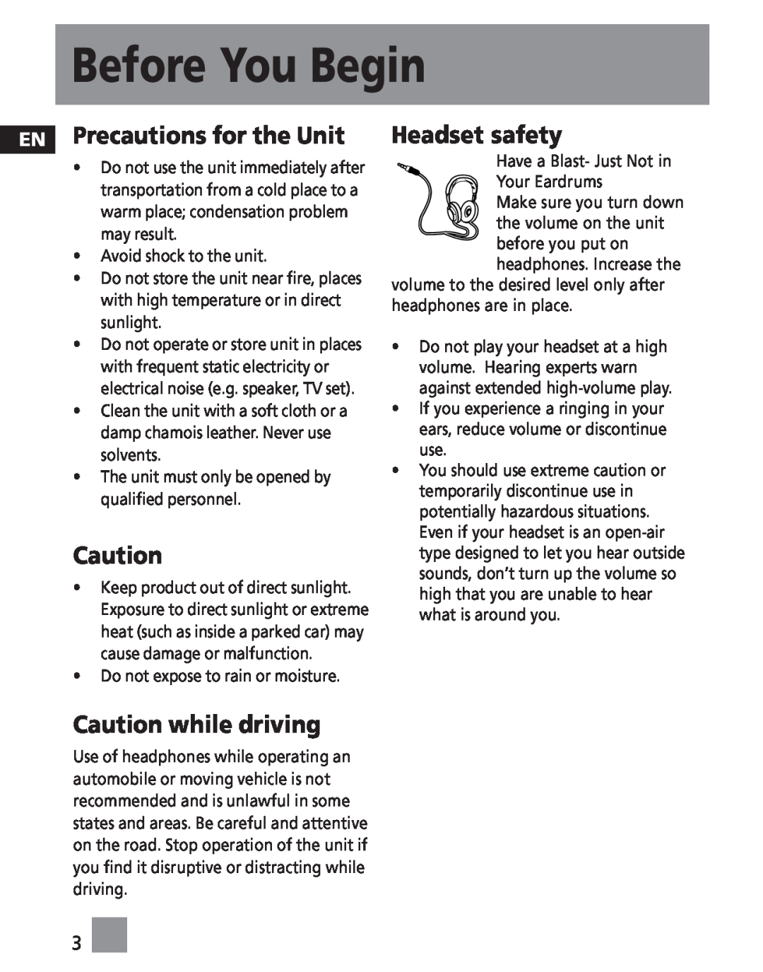 RCA MC2010, M2030, M202, M2011, M200 EN Precautions for the Unit, Headset safety, Caution while driving, Before You Begin 