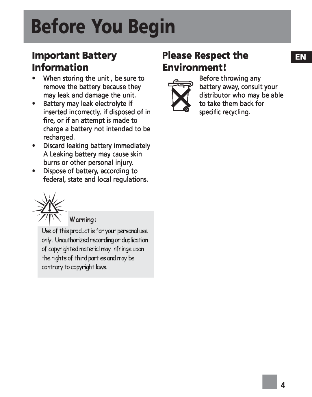 RCA MC202, M2030, M202, M2011, M2000 Important Battery Information, Please Respect the, Environment, Before You Begin 