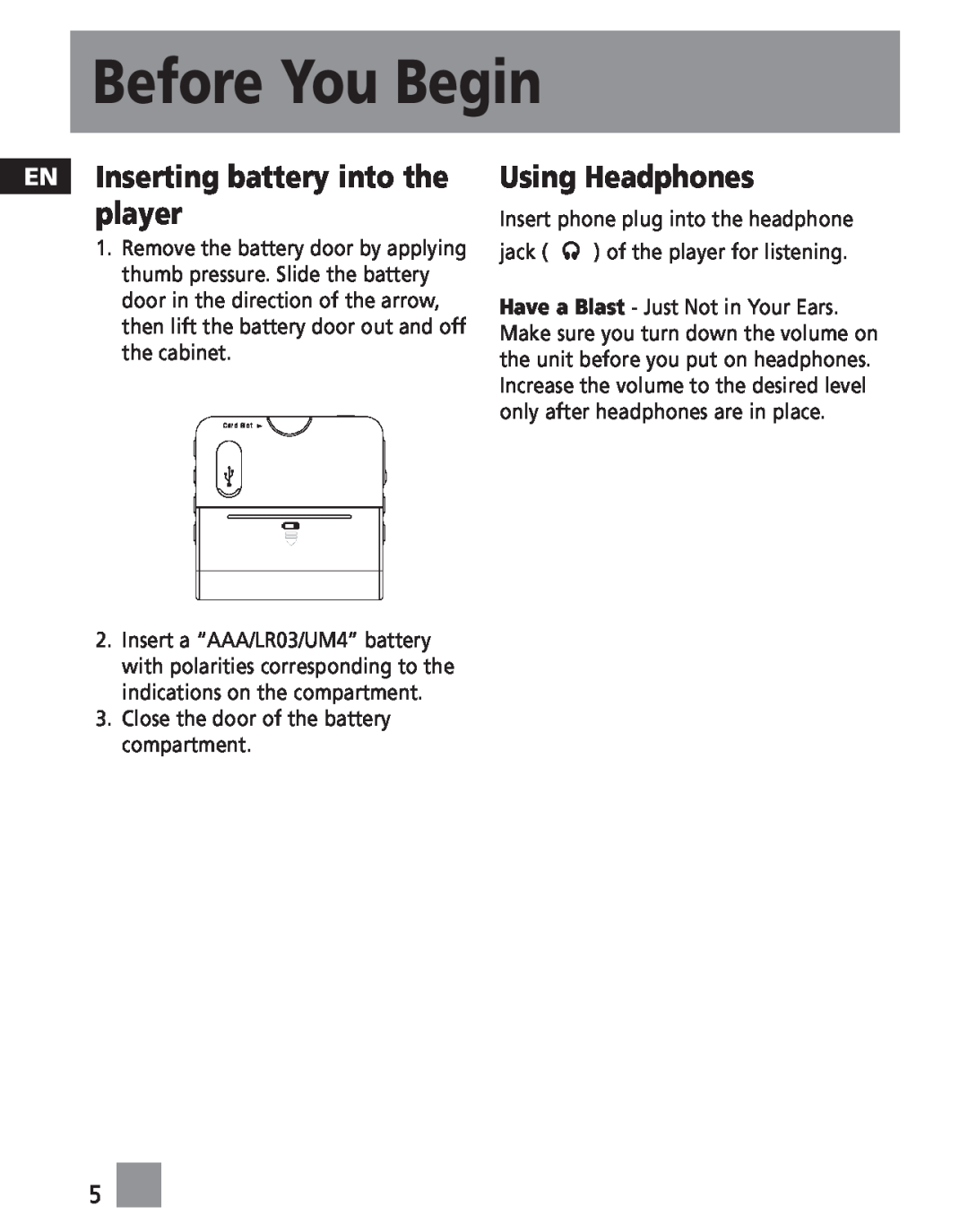 RCA MC2001, M2030, M202, M2011, M2000, M2001, MC201 EN Inserting battery into the player, Using Headphones, Before You Begin 