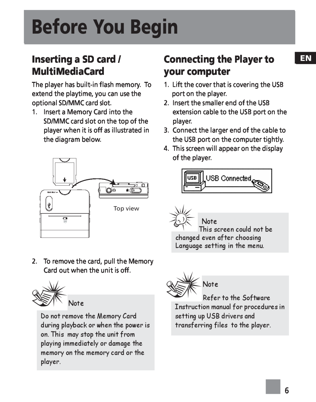 RCA MC2021, M2030, M202, M2011 Inserting a SD card MultiMediaCard, Connecting the Player to, your computer, Before You Begin 