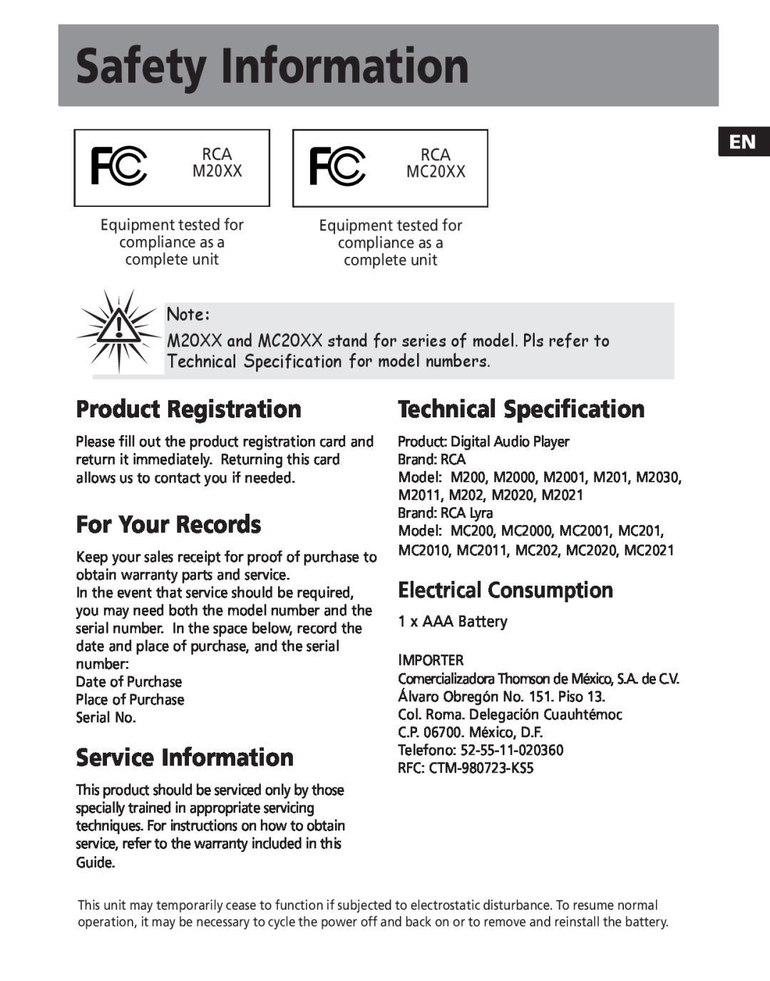 RCA M200, M2030 Safety Information, Product Registration, For Your Records, Service Information, Technical Specification 