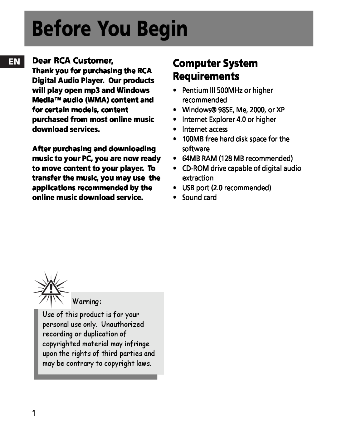 RCA M2020, M2030, M2011, M2000, M2001, MC200, MC2011 Before You Begin, Computer System, Requirements, Dear RCA Customer 