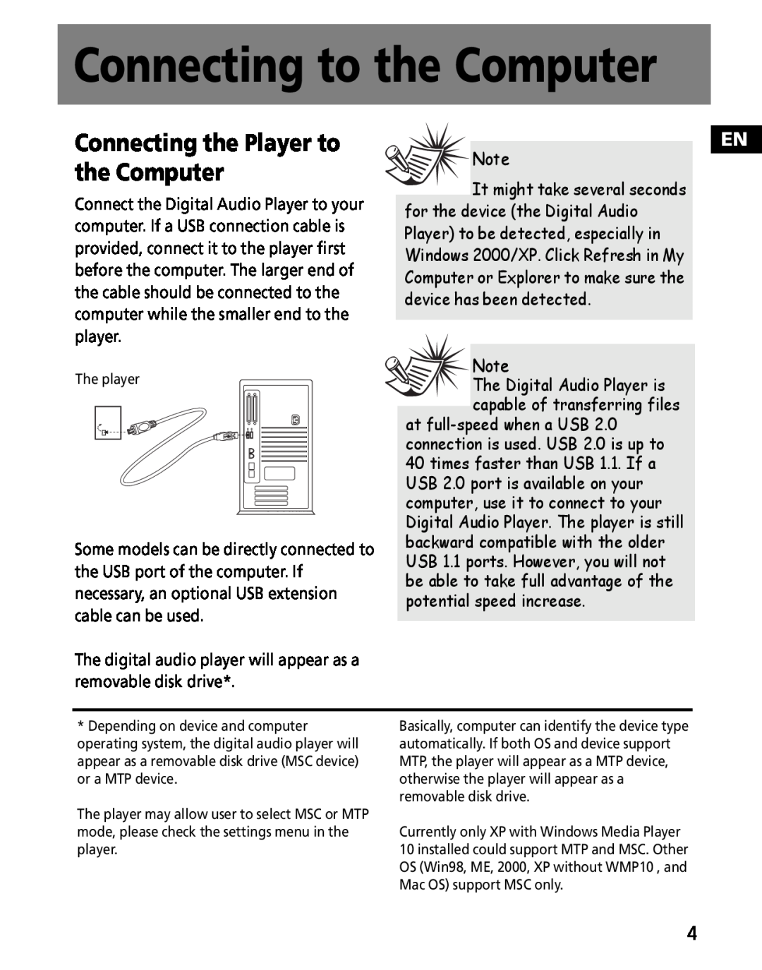RCA M2011, M2030, M202, M2000, M2001, MC200, MC2011, MC2020 Connecting to the Computer, Connecting the Player to the Computer 
