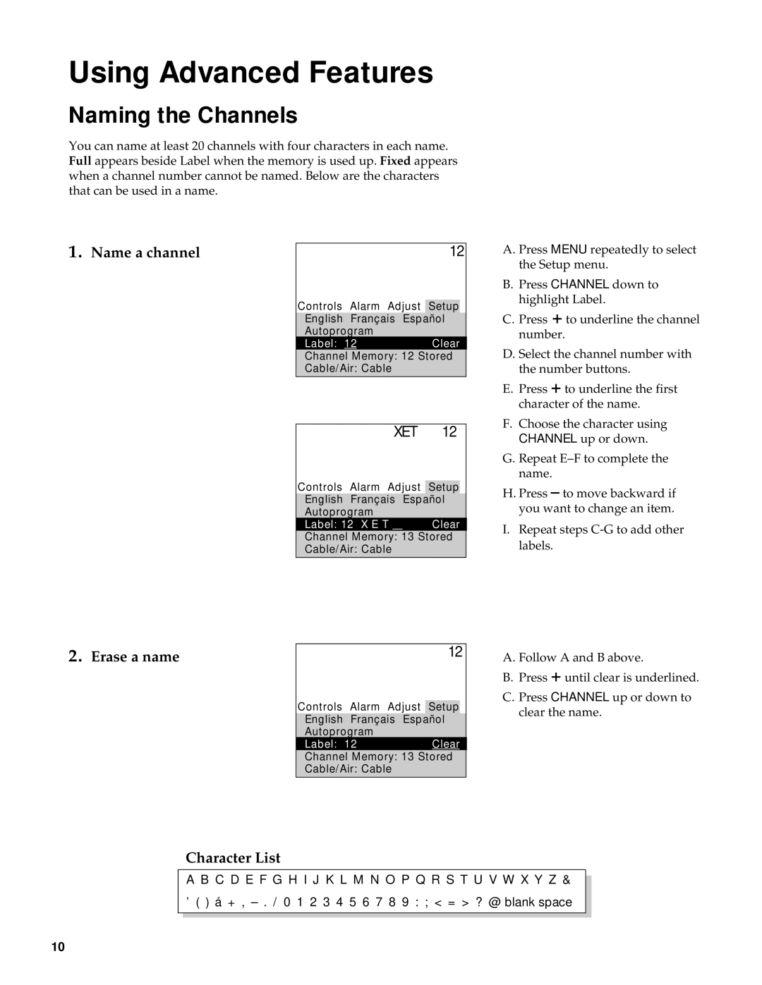 RCA M20303BL manual Naming the Channels, Name a channel, Xet, Erase a name, Character List 