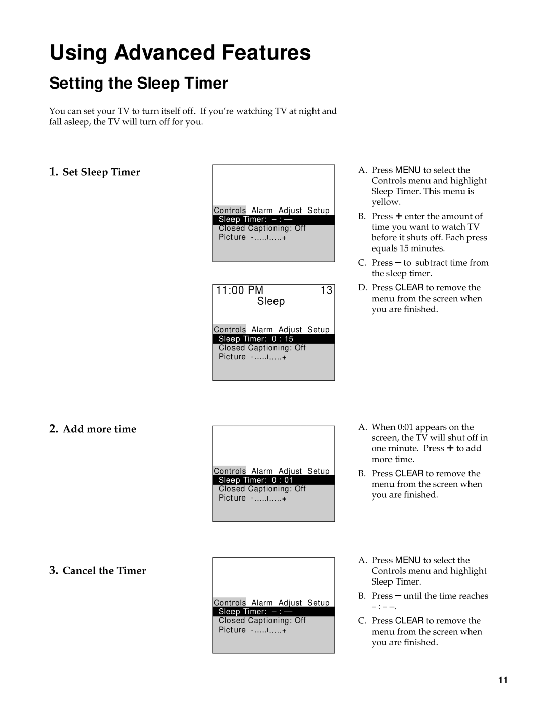 RCA M20303BL manual Setting the Sleep Timer, Set Sleep Timer, Add more time, PM Sleep, Cancel the Timer 