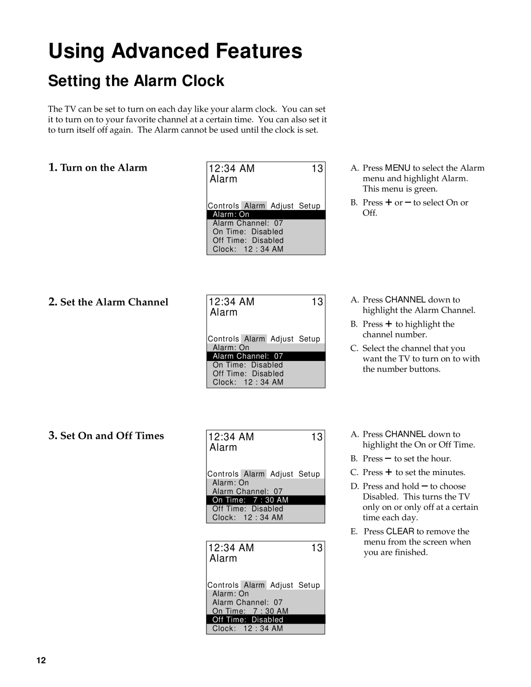 RCA M20303BL manual Setting the Alarm Clock, Turn on the Alarm, AM Alarm, Set the Alarm Channel, Set On and Off Times 