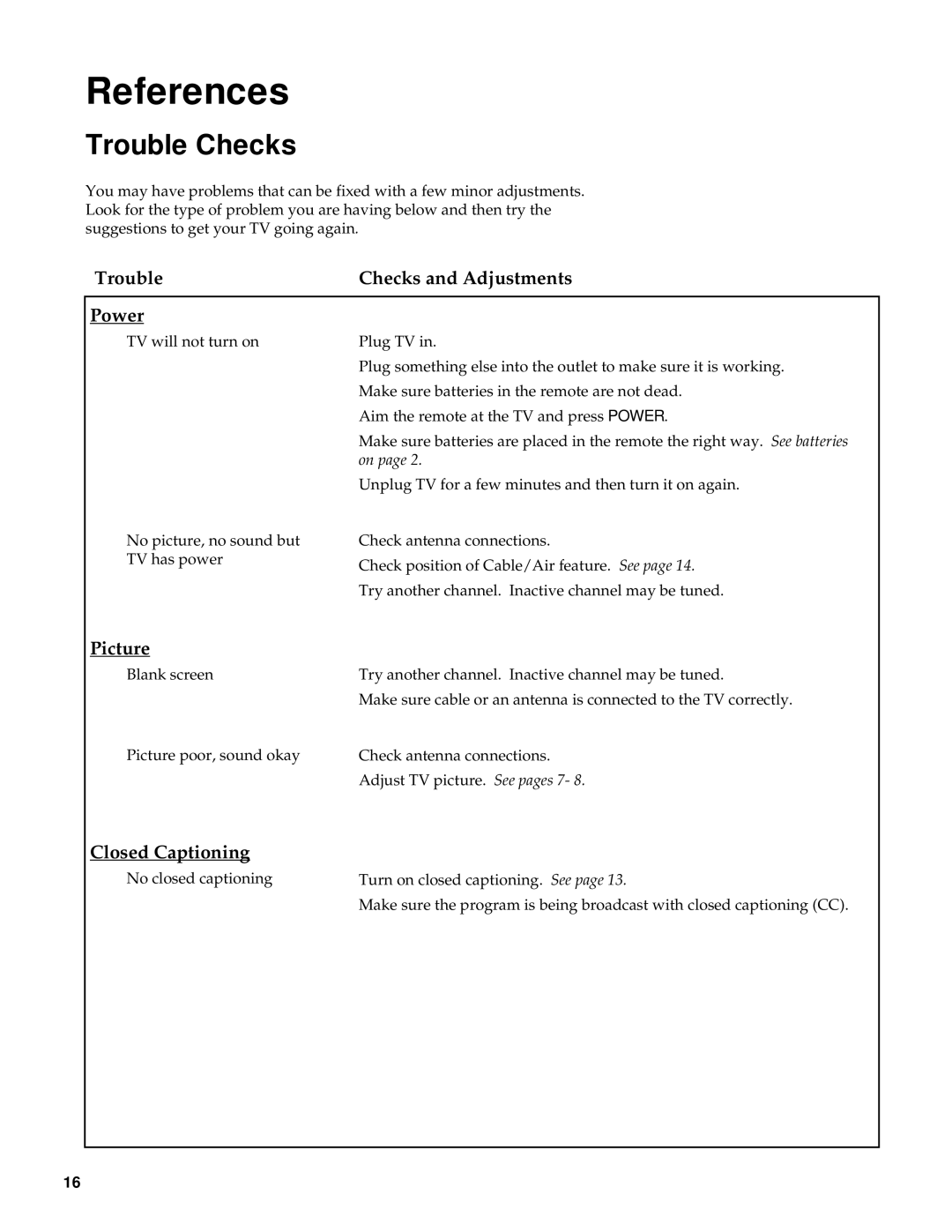 RCA M20303BL manual Trouble Checks and Adjustments Power, Picture, Closed Captioning 