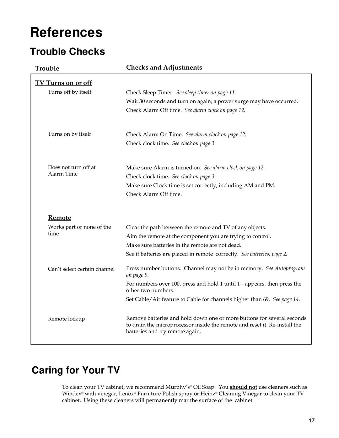 RCA M20303BL manual Caring for Your TV, Trouble Checks and Adjustments TV Turns on or off, Remote 